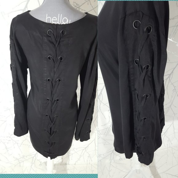 Kendall + Kylie Black Tencel Lace Up Bell Sleeve Mini Dress - Picture 3 of 4